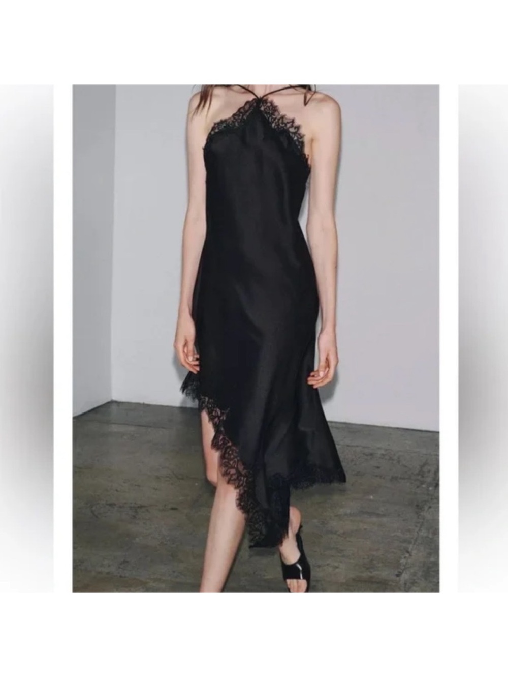 ZARA Lace Trim Slip Dress Halter Asymmetrical Hem Black Satin Viral XS